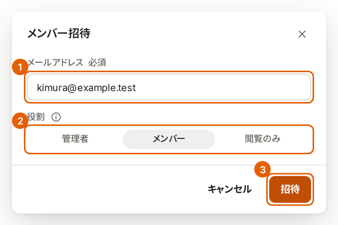 メンバー招待の画面。メールアドレス、役割、「招待」に番号付きの枠が付いている。