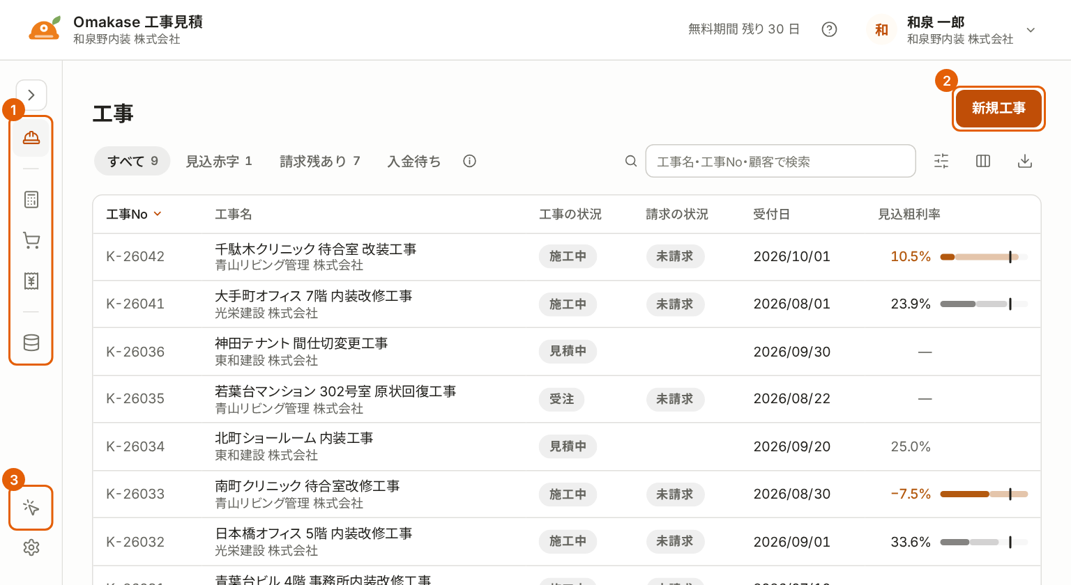 工事の一覧。左のメニュー、右上の「新規工事」、左下の「操作を試す」に番号付きの枠が付いている。