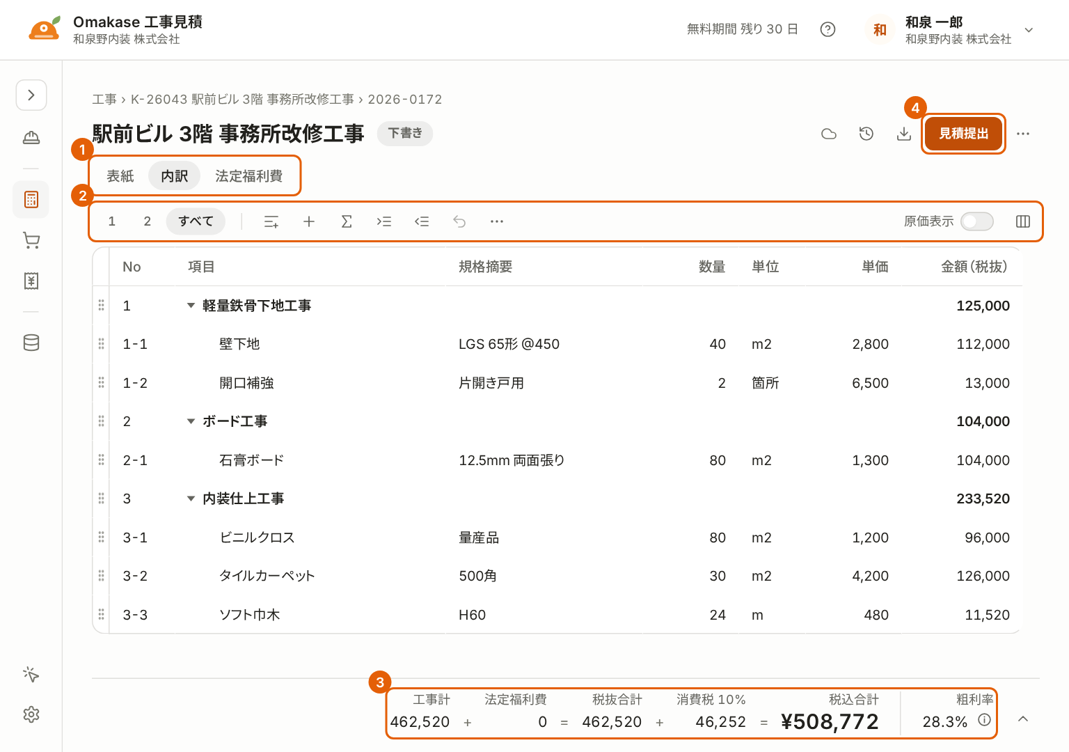 見積書の画面。表紙・内訳・法定福利費のタブ、内訳の操作のボタン、合計の欄、「見積提出」に番号付きの枠が付いている。